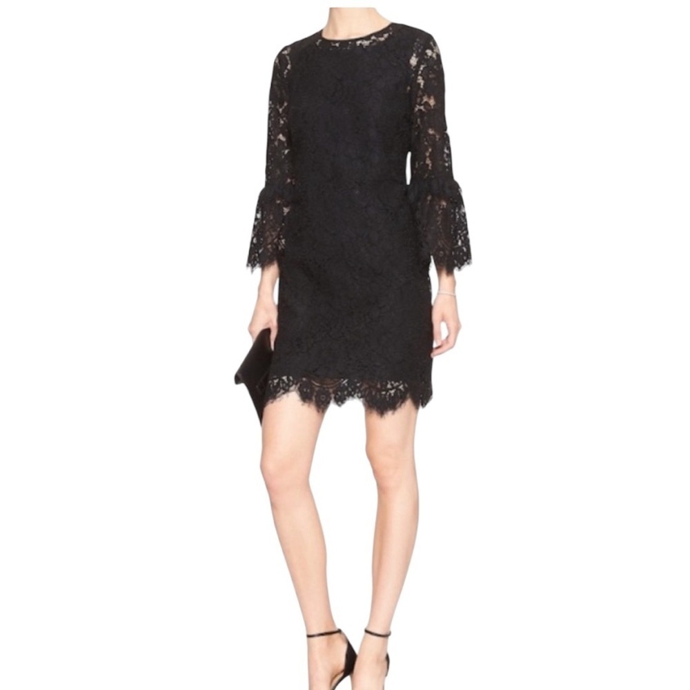 Banana Republic Black Lace Bell Sleeve Cocktail Dress Size 4 - Picture 1 of 7